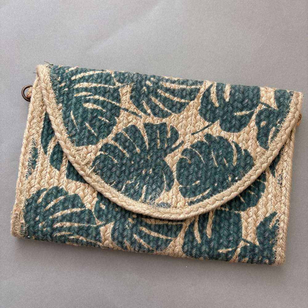 America & Beyond Tropical Leaf Woven Clutch, Green & Natural